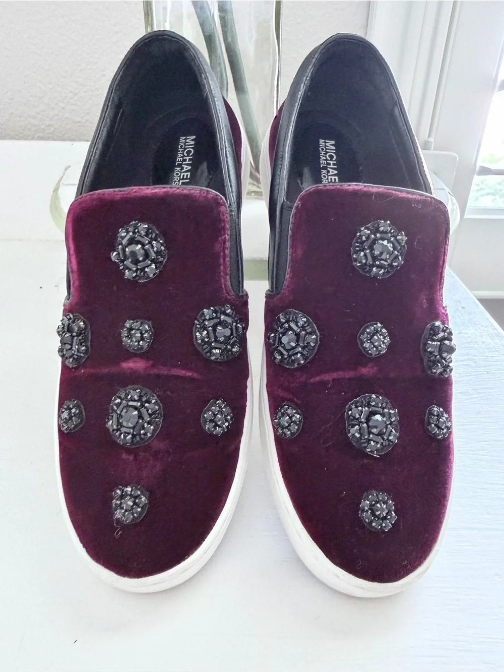 Michael Kors Women's Embellished Velvet Slip-On Sneakers in Deep Burgundy